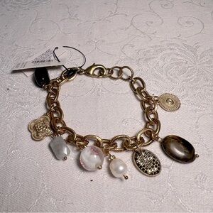 Chico’s Charm Bracelet Brushed Gold Tone Chain Charms & Stones